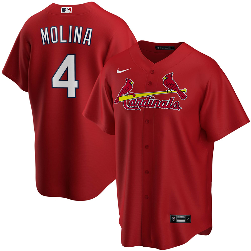 2020 MLB Men St. Louis Cardinals #4 Yadier Molina Nike Red Alternate 2020 Replica Player Jersey 1